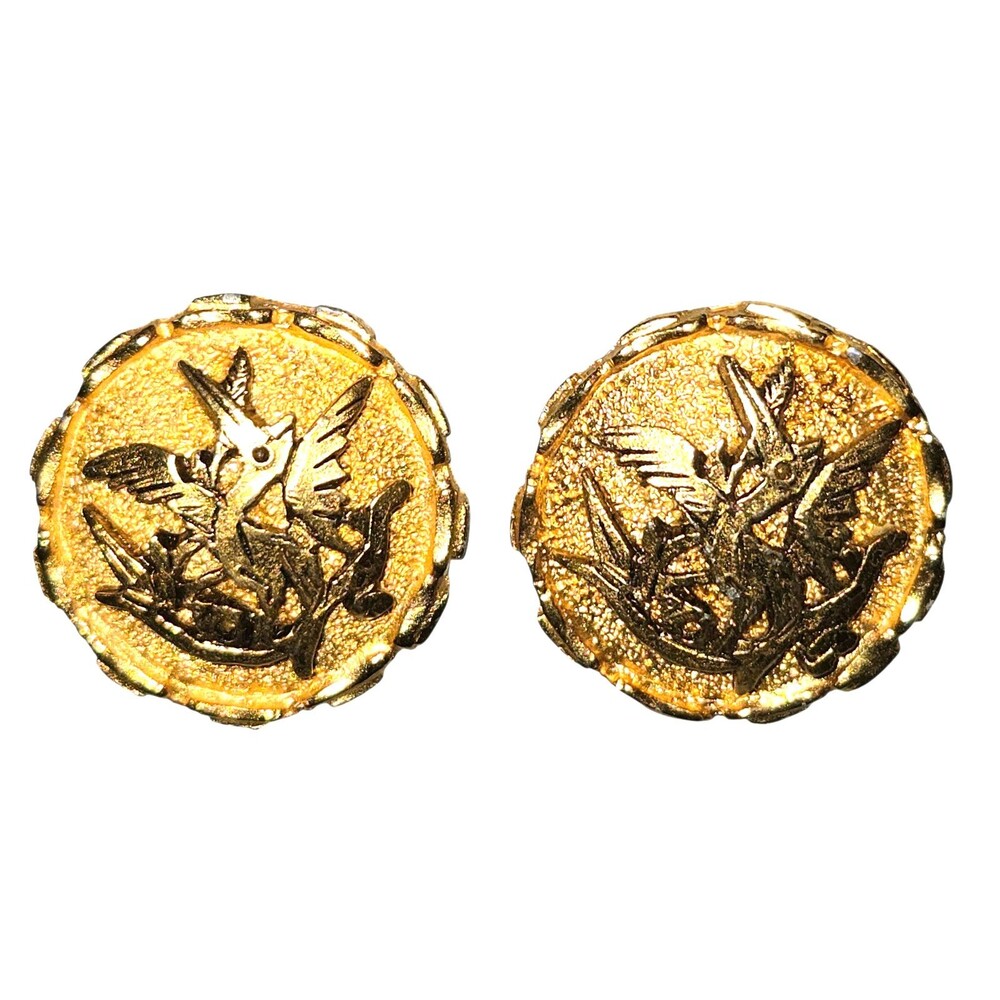 Unmarked Mid-Century Gold Tone Heron Bird Design Round Clip On Earrings‎ 1"X1"